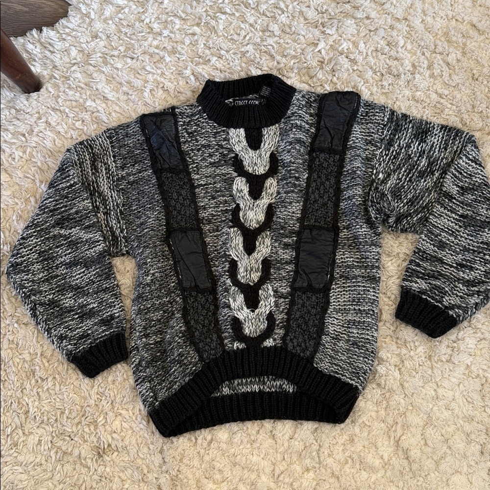 Vintage genuine leather street style 80’s black & grey sweater Korean